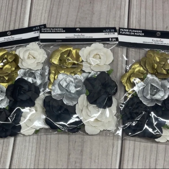 Recollections Graduation Paper Flowers Ivory Black Gold & Silver 3 Packs of 8 - Picture 1 of 3